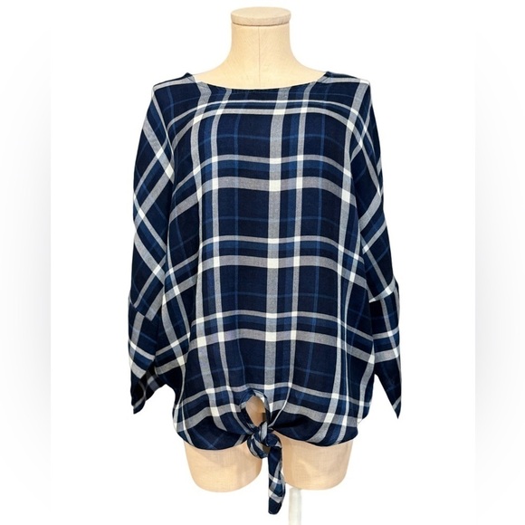 LIVERPOOL Jeans blue plaid casual boxy shirt with knotted front - Picture 1 of 13